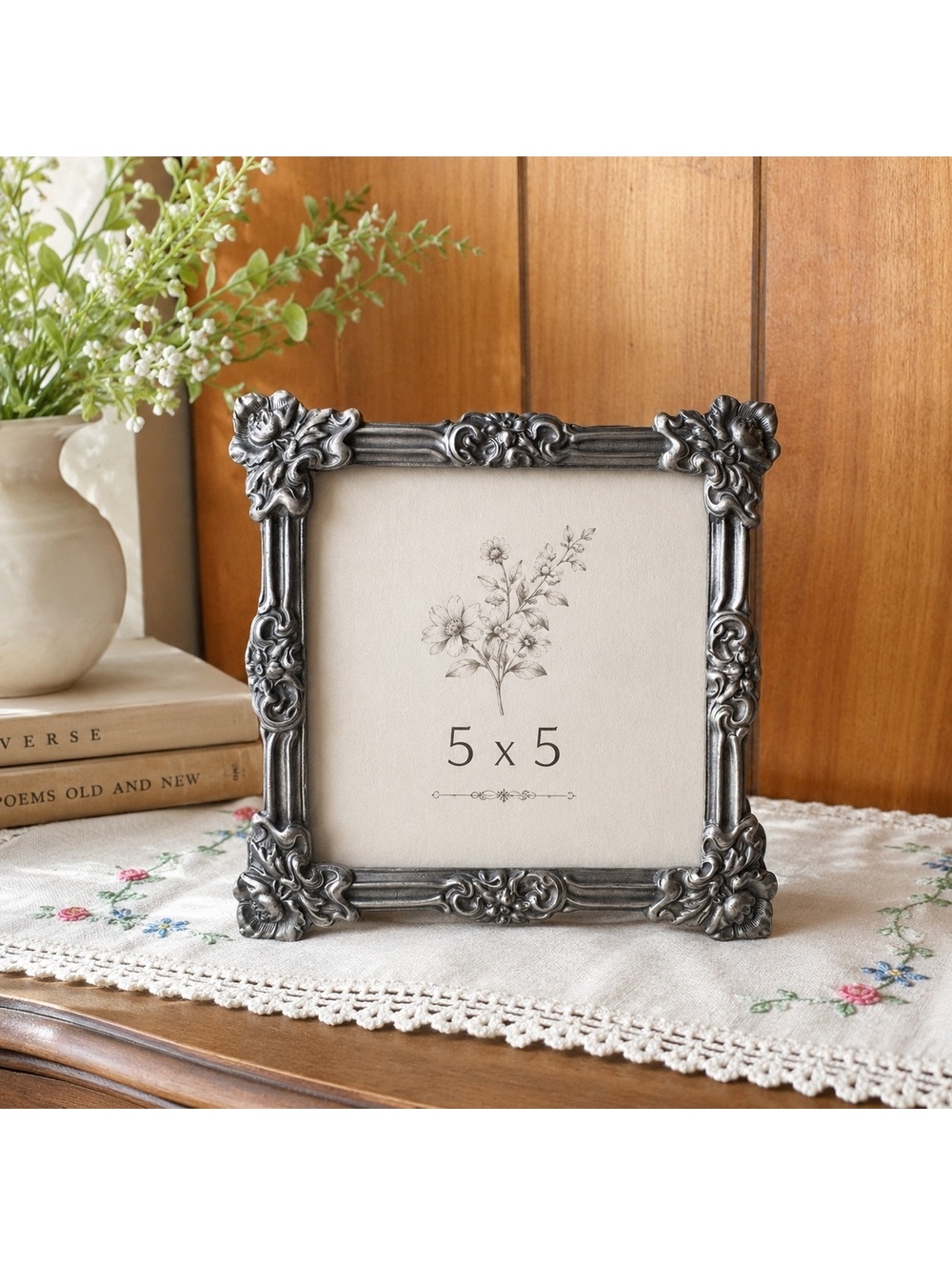 Vintage Linco 5x5 Silver Tone Ornate Floral Picture Frame Baroque Rose Decor
